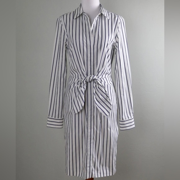 Calvin Klein Dresses & Skirts - NEW Calvin Klein 100% Cotton Tie Waist Shirt Dress - White Blue Black Stripe  4